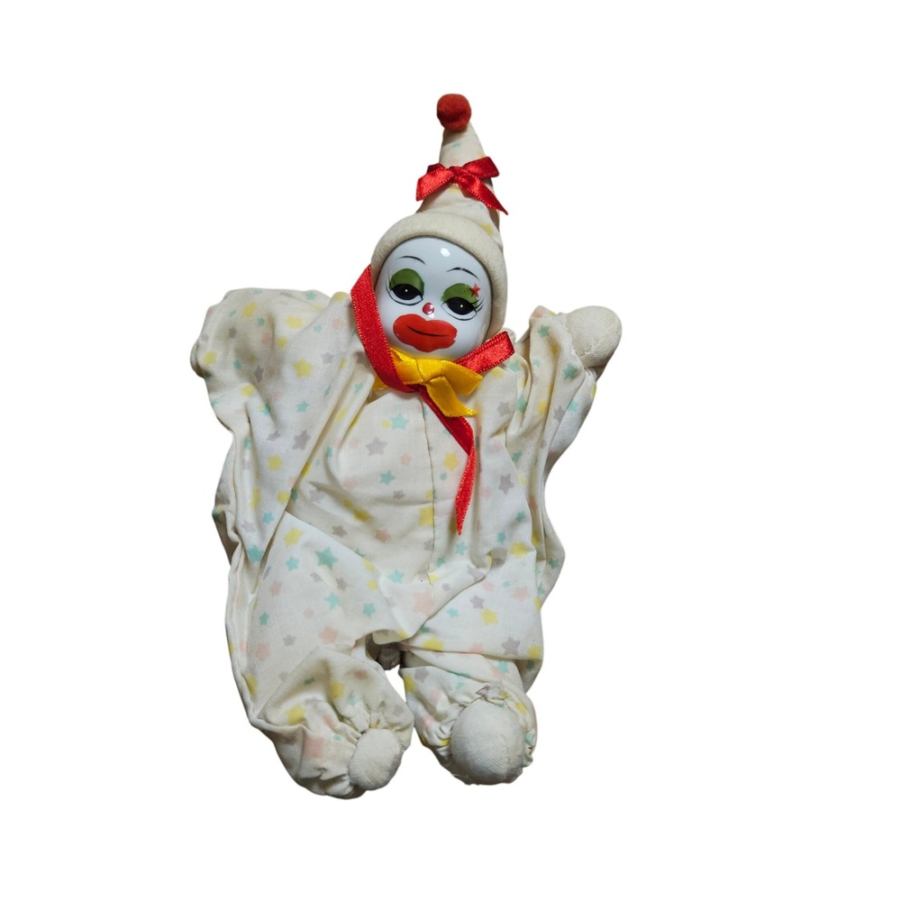 Vintage Porcelain Head Clown Pierrot Doll 9" Star Pattern Soft Body Pastel
